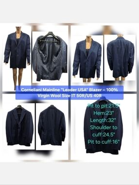 Corneliani Mainline "Leader USA" Blazer – 100% Virgin Wool Size IT 50R/US 40R